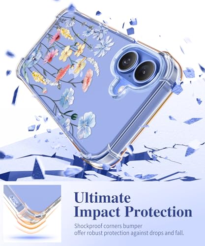 GVIEWIN for iPhone 16 Case, with Screen Protector & Camera Lens Protector, Floral Shockproof Protective Bumper Slim Soft Clear Phone Cover for Women 2024 6.1" (Aconite/Light Blue) - Image 4