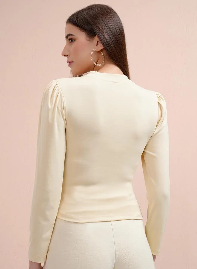 Tokyo Talkies Tokyo Talkies Solid Puff Sleeve Cotton Fitted Top
