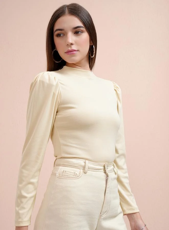 Tokyo Talkies Tokyo Talkies Solid Puff Sleeve Cotton Fitted Top