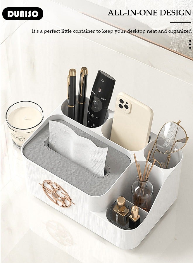 DUNISO صندوق تخزين المناديل المكتبي، صندوق تخزين مناديل متعدد الوظائف مع حامل للهاتف، صندوق تخزين القرطاسية المكتبي للغرفة المعيشية، المكتب، الطاولة الجانبية، خزانة الملابس، غرفة النوم، الحمام - Image 2