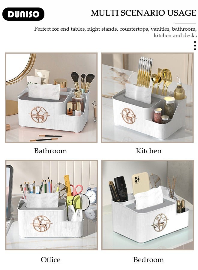 DUNISO صندوق تخزين المناديل المكتبي، صندوق تخزين مناديل متعدد الوظائف مع حامل للهاتف، صندوق تخزين القرطاسية المكتبي للغرفة المعيشية، المكتب، الطاولة الجانبية، خزانة الملابس، غرفة النوم، الحمام - Image 3