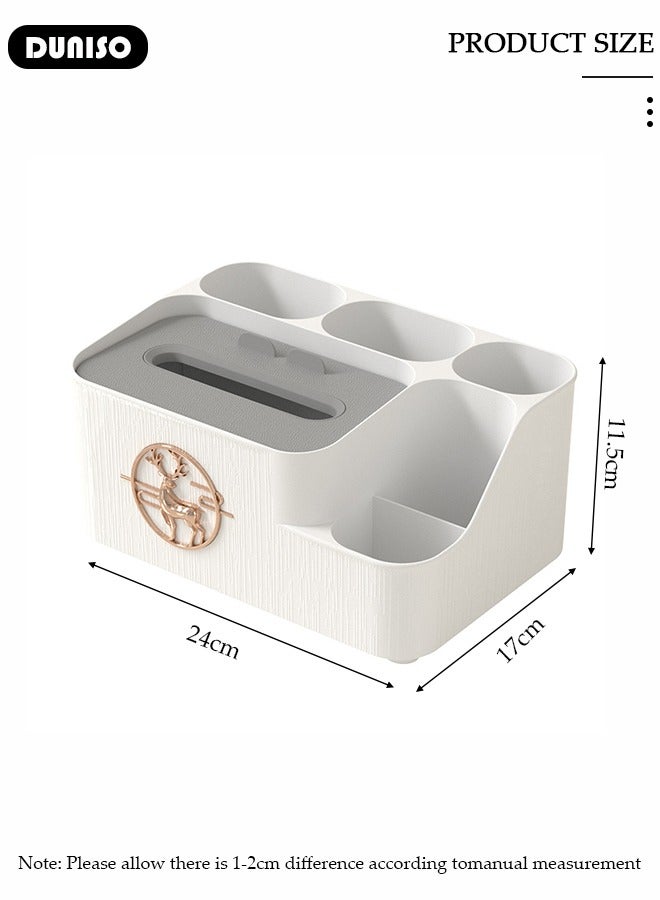 DUNISO صندوق تخزين المناديل المكتبي، صندوق تخزين مناديل متعدد الوظائف مع حامل للهاتف، صندوق تخزين القرطاسية المكتبي للغرفة المعيشية، المكتب، الطاولة الجانبية، خزانة الملابس، غرفة النوم، الحمام - Image 4