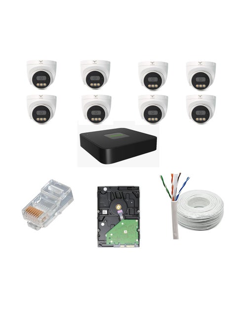 JK Vision 5MP CCTV IP Camera Full Set 8 Dome 8 Channel NVR with inBuilt POE 1TB Hard Disk Cat6 Cable 100 Meter 8 RJ45 Connector