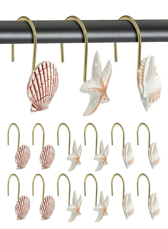MOASIOP Gold Shower Curtain Hooks, 12PCS Rust-Proof Decorative Resin Bathroom Hooks, Elegant Seashell Design for Bathroom, Bedroom, Living Room Decor, Easy to Install - Image 1