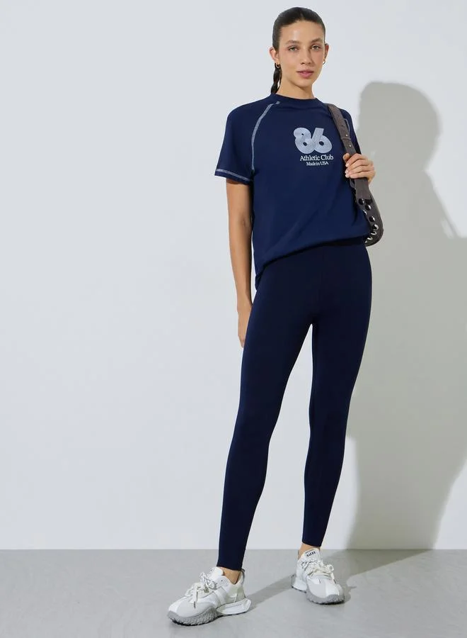 Styli Navy Blue Graphic Print Contrast Stitch T-Shirt