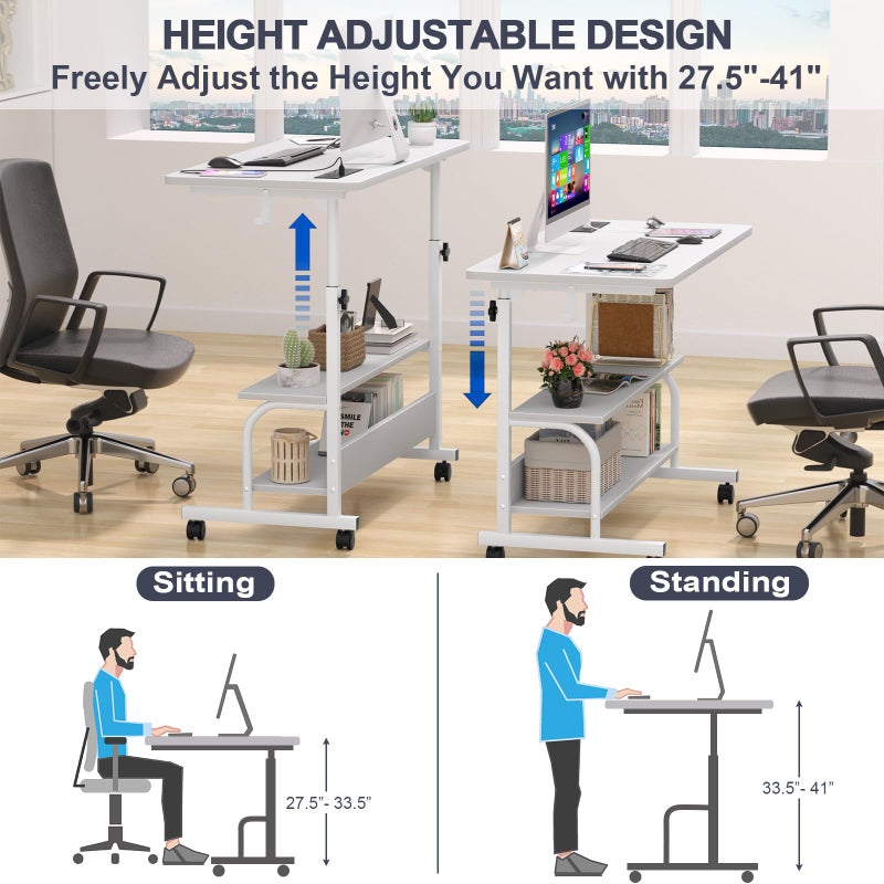 Armocity Rolling Standing Desk with Power Outlets, 32" Manual Height Adjustable Mobile Computer Desk with Wheels, Small Portable Sit Stand Laptop Couch Table for Bed & Sofa Home Office, Whtie - Image 4