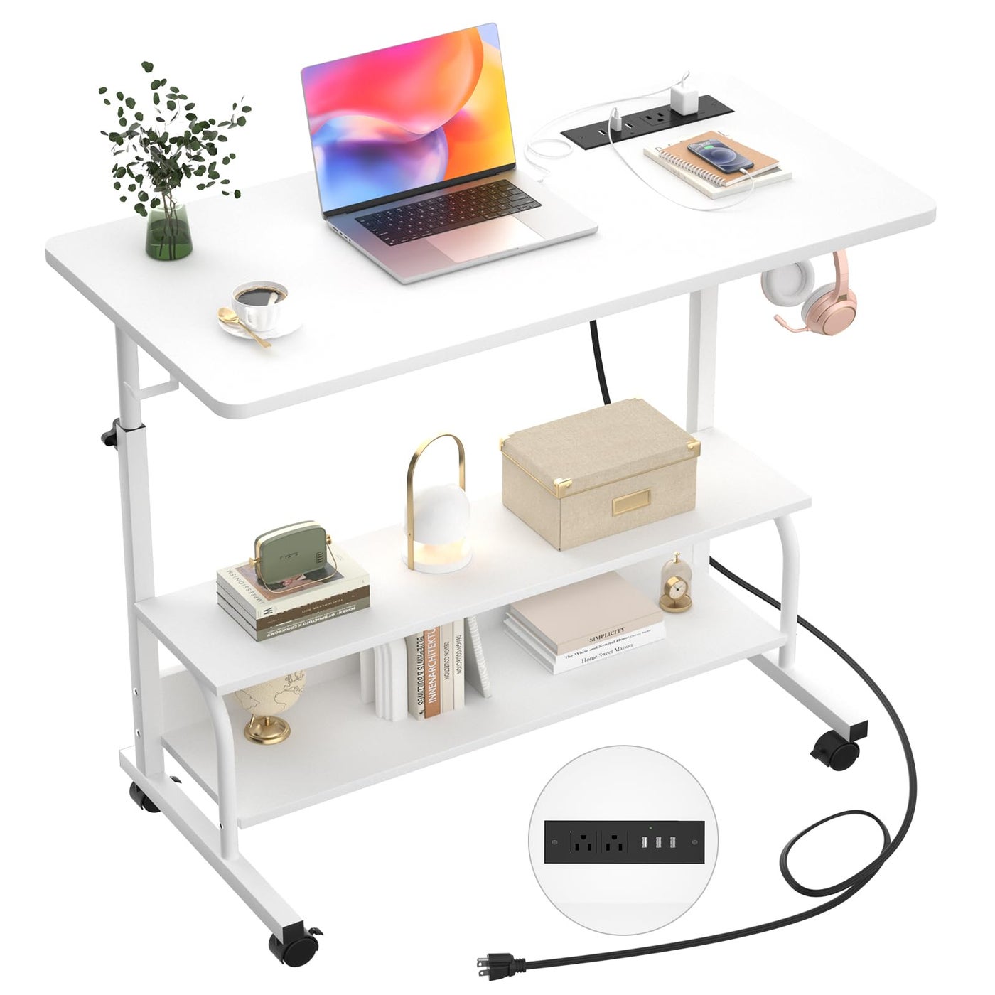 Armocity Rolling Standing Desk with Power Outlets, 32" Manual Height Adjustable Mobile Computer Desk with Wheels, Small Portable Sit Stand Laptop Couch Table for Bed & Sofa Home Office, Whtie