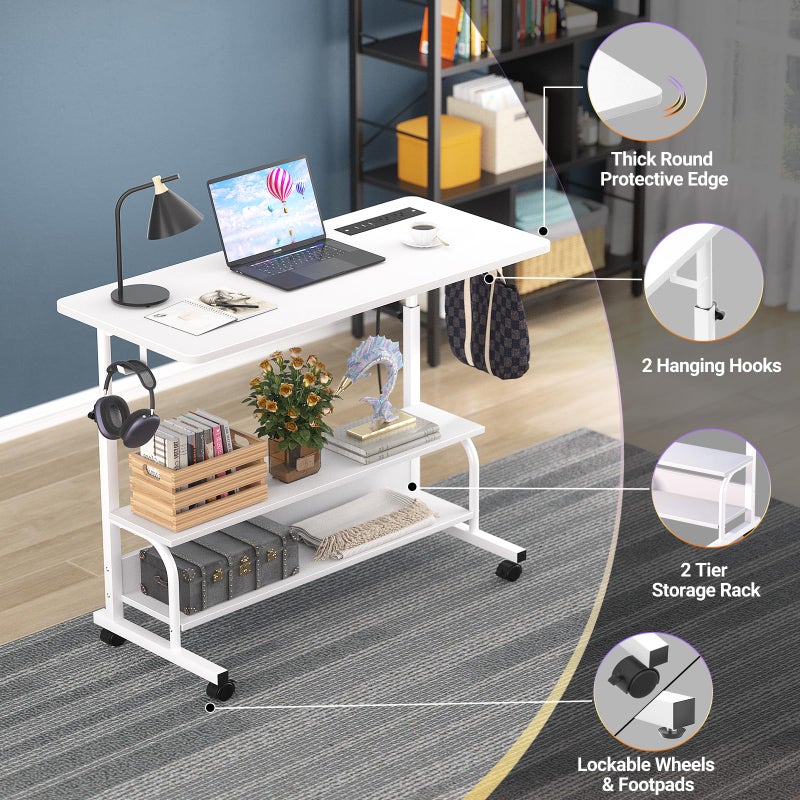Armocity Rolling Standing Desk with Power Outlets, 32" Manual Height Adjustable Mobile Computer Desk with Wheels, Small Portable Sit Stand Laptop Couch Table for Bed & Sofa Home Office, Whtie - Image 3