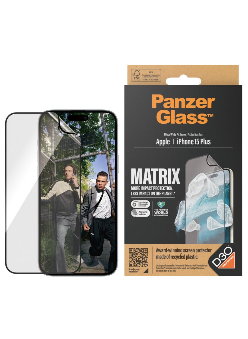 PanzerGlass حماية شاشة بانزر جلاس™ الصديقة للبيئة لمصفوفة آيفون 15 بلس - حماية، إطالة وإحداث فرق - مع مساعدة التركيب لتسهيل التثبيت - Image 1