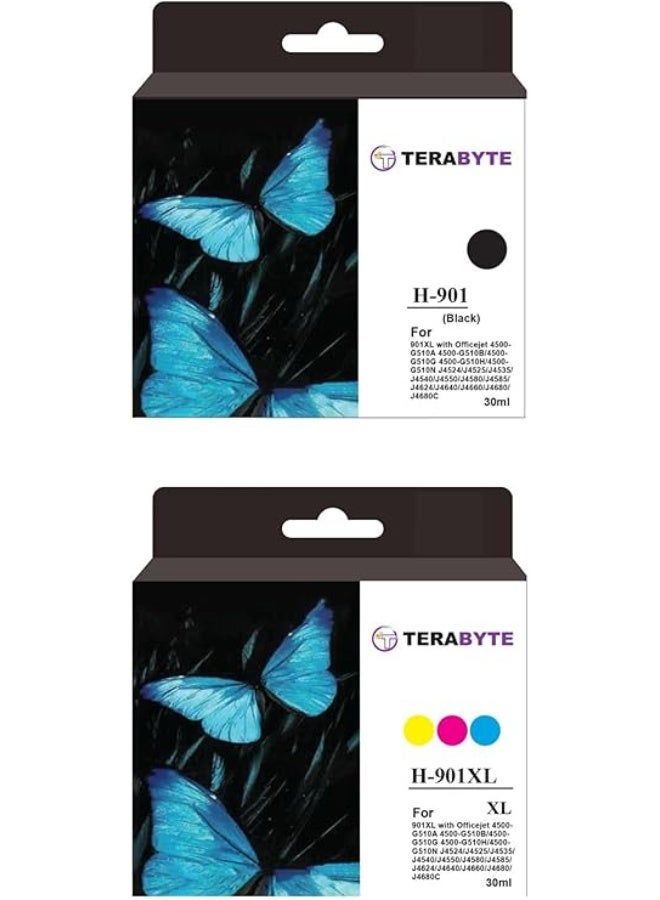 Terabyte Universal Ink Cartridge 901/901XL Compatible with Officejet 4500 J4525 J4535 J4540 J4550 J4580 J4585 J4660 J4680 J4680C, Black and Tri-Color, 4-Pack, 1200 Page Yield - Image 1