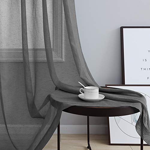 Pitalk Charcoal Grey Curtains 84 Inch Length for Bedroom Windows 2 Panels Set Grommet Linen Look Light Filtering Semi Transparent Solid Dark Gray Sheer Curtains for Living Room Office 52x84 Long Dark Grey - Image 2