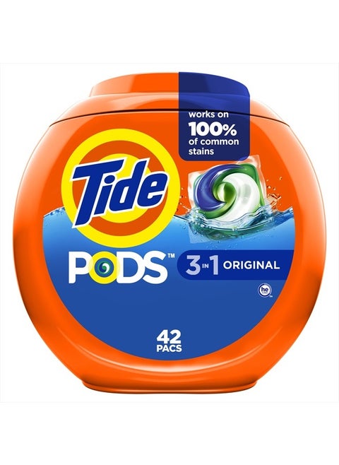 PODS Liquid Laundry Detergent Soap Pacs, HE Compatible, 42 Count, Powerful 3-in-1 Clean in one Step, Original Scent