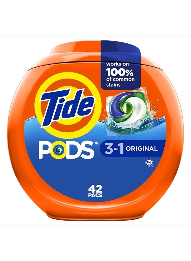 PODS Liquid Laundry Detergent Soap Pacs, HE Compatible, 42 Count, Powerful 3-in-1 Clean in one Step, Original Scent
