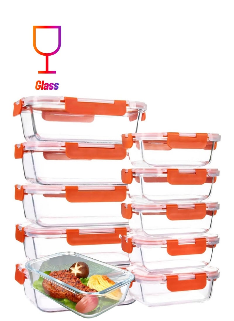 TYCOM Glass Meal Prep Containers 10 Pieces Rectangle Glass Food Storage Containers with Lids Glass Lunch Box Portion Control Airtight Glass Bento Box Lunch Containers 10P Rectangle Red  - Image 1
