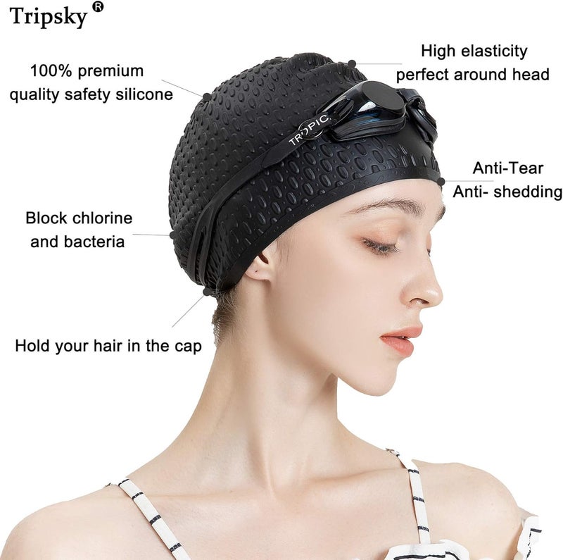 Tripsky Silicone Swim Cap,Comfortable Bathing Cap Ideal for Curly Short Medium Long Hair, Swimming Cap for Women and Men, Shower Caps Keep Hairstyle Unchanged… - Image 2