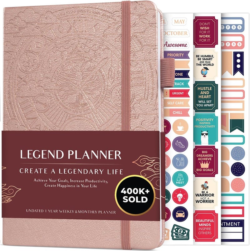 Legend Planner مخطط الأسطورة – مخطط الحياة الفاخر الأسبوعي والشهري لتحقيق أهدافك والعيش بسعادة. دفتر منظم ومجلة إنتاجية. غلاف صلب بحجم A5، غير مؤرخ – ابدأ في أي وقت + ملصقات – روز جولد ذهبي - Image 1