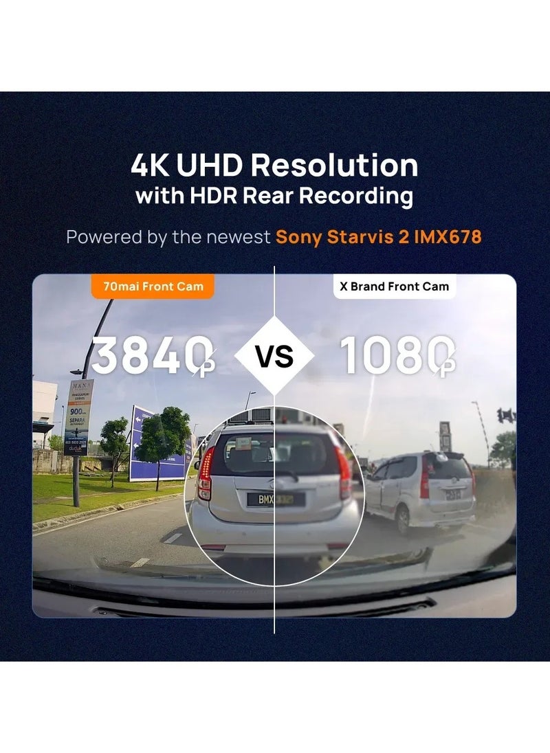 70mai - 70mai A810-2  Dash Cam Set True 4K HDR Dual Vision, Built-in GPS Logger, ADAS, Starvis 2 IMX 678 150° Wide Sensor, Optional Parking Mode with Motion Detection & Time Lapse - Image 1