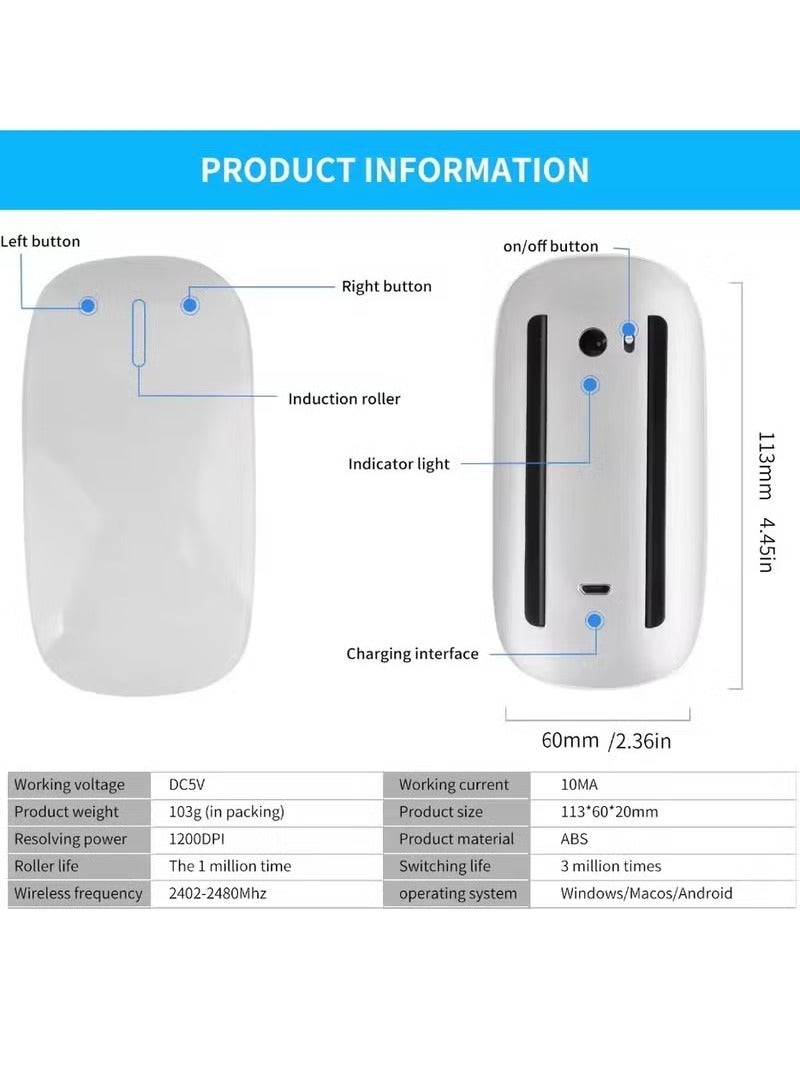 Mouse 3 Wirelessand Rechargeable,Mouse Multi-Touch, Bluetooth Connectivity,Quiet Travel Computer Mouse Ergonomic Design,Ultra-Thin Silent Mouse Multi Arc Touch Mice for Laptop Ipad Mac PC Macbook (White)  - Image 3