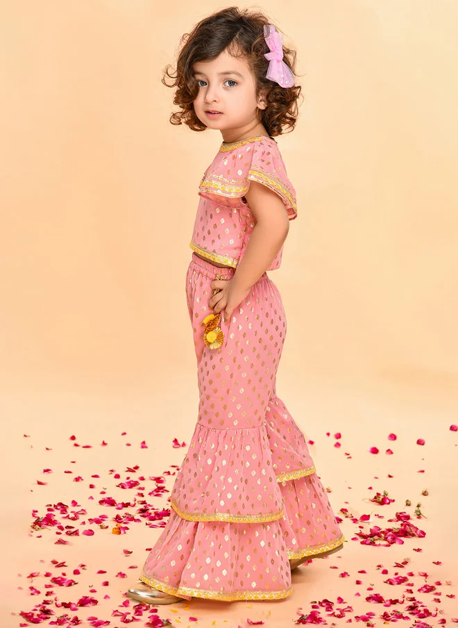 Saka Designs Peach Printed Angrakha Kurti with Salwar for Girls
