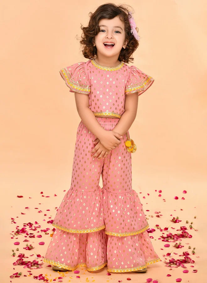 Saka Designs Peach Printed Angrakha Kurti with Salwar for Girls