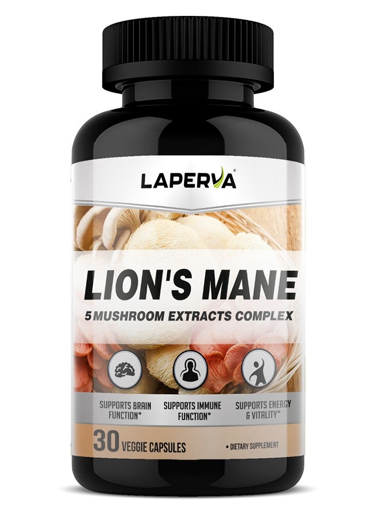 لابيرفا مجمع عرف الأسد، 30 كبسولة نباتية - يدعم الوظيفة الإدراكية والطاقة والصحة المناعية مع 5 مستخلصات من الفطر