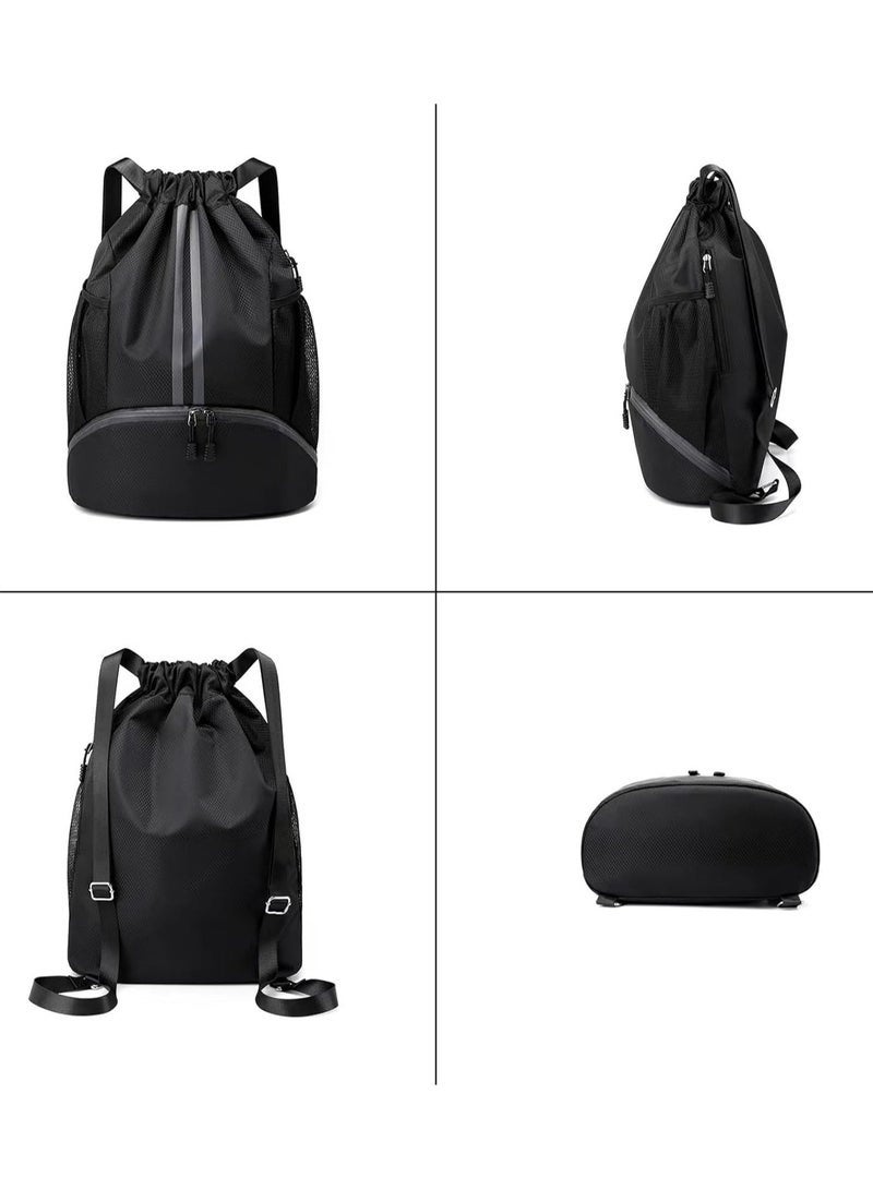 PYC حقيبة رياضية بسحاب للرجال، حقيبة ظهر مقاومة للماء للنساء، حقيبة سباحة مع قسم للأحذية، حقيبة رياضية بسحب للحذاء لكرة القدم وكرة السلة (أسود) - Image 2