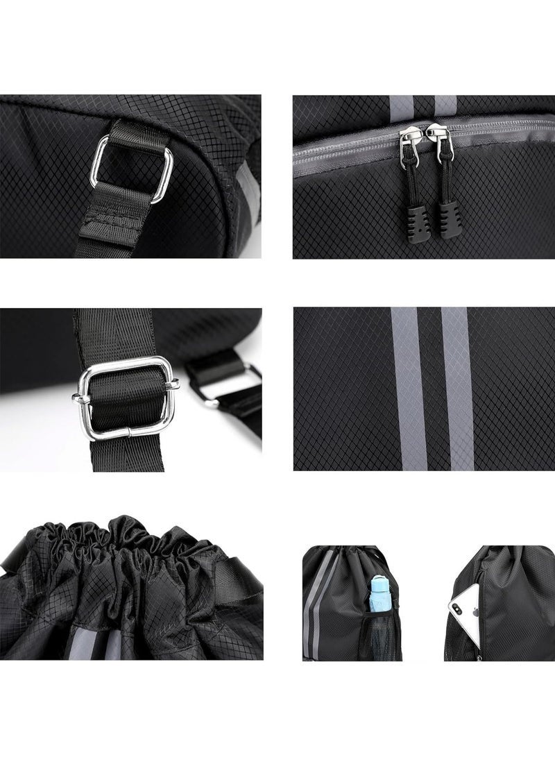 PYC حقيبة رياضية بسحاب للرجال، حقيبة ظهر مقاومة للماء للنساء، حقيبة سباحة مع قسم للأحذية، حقيبة رياضية بسحب للحذاء لكرة القدم وكرة السلة (أسود) - Image 3