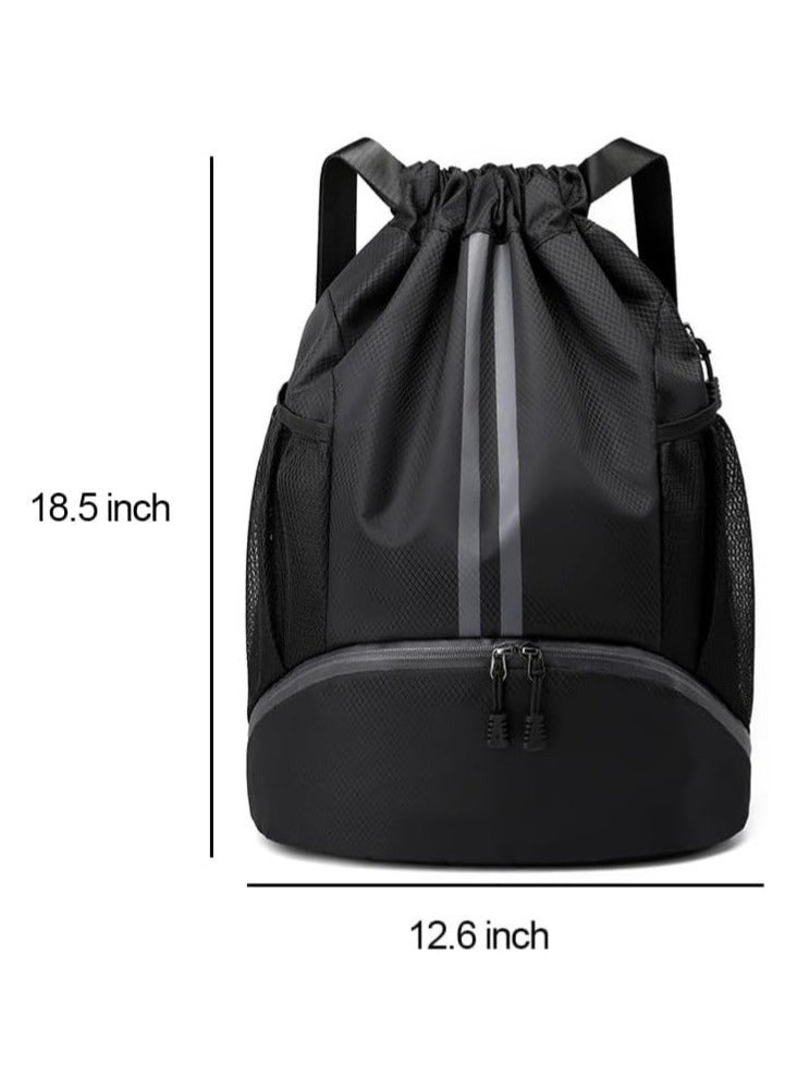 PYC حقيبة رياضية بسحاب للرجال، حقيبة ظهر مقاومة للماء للنساء، حقيبة سباحة مع قسم للأحذية، حقيبة رياضية بسحب للحذاء لكرة القدم وكرة السلة (أسود) - Image 5