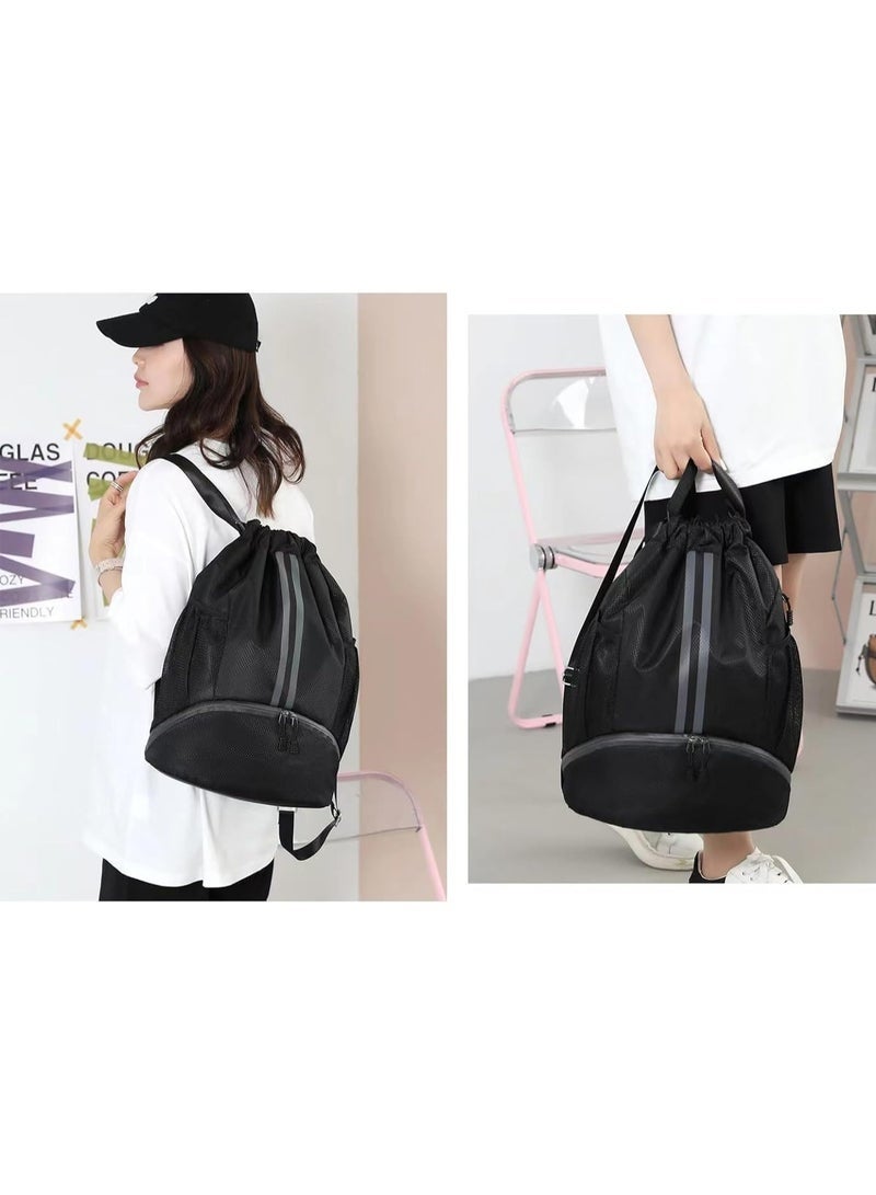 PYC حقيبة رياضية بسحاب للرجال، حقيبة ظهر مقاومة للماء للنساء، حقيبة سباحة مع قسم للأحذية، حقيبة رياضية بسحب للحذاء لكرة القدم وكرة السلة (أسود) - Image 4