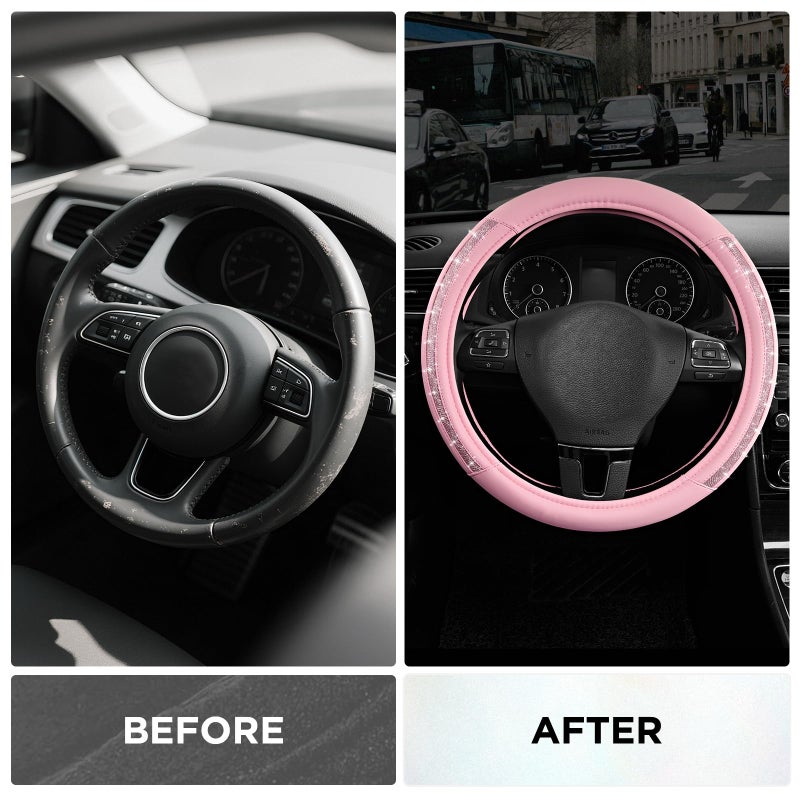 Road Comforts Steering Wheel Cover, Glitter Bling Leather Wheel Cover, Universal Fit 14.5"-15.5" Steering Wheels for Women & Girls, Anti-Slip Car Wheel Protector for Cars, Trucks, Vans, SUVs-Pink - Image 3