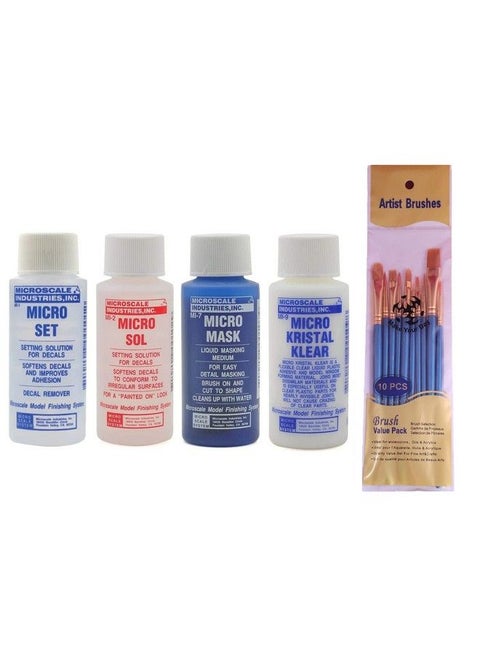 Microscale Industries Inc. Micro Set Micro Sol Micro Mask Micro Kristal Klear 1 Oz. Bottles One Of Each With Make Your Day Paintbrush Set
