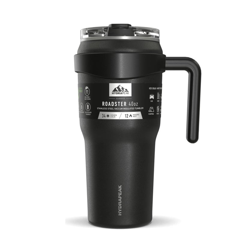 Hydrapeak Roadster 40oz Stainless Steel Tumbler Double Wall Vacuum Insulated Water Bottle With Handle And 2 in 1 Straw Lid (Black) - Image 1