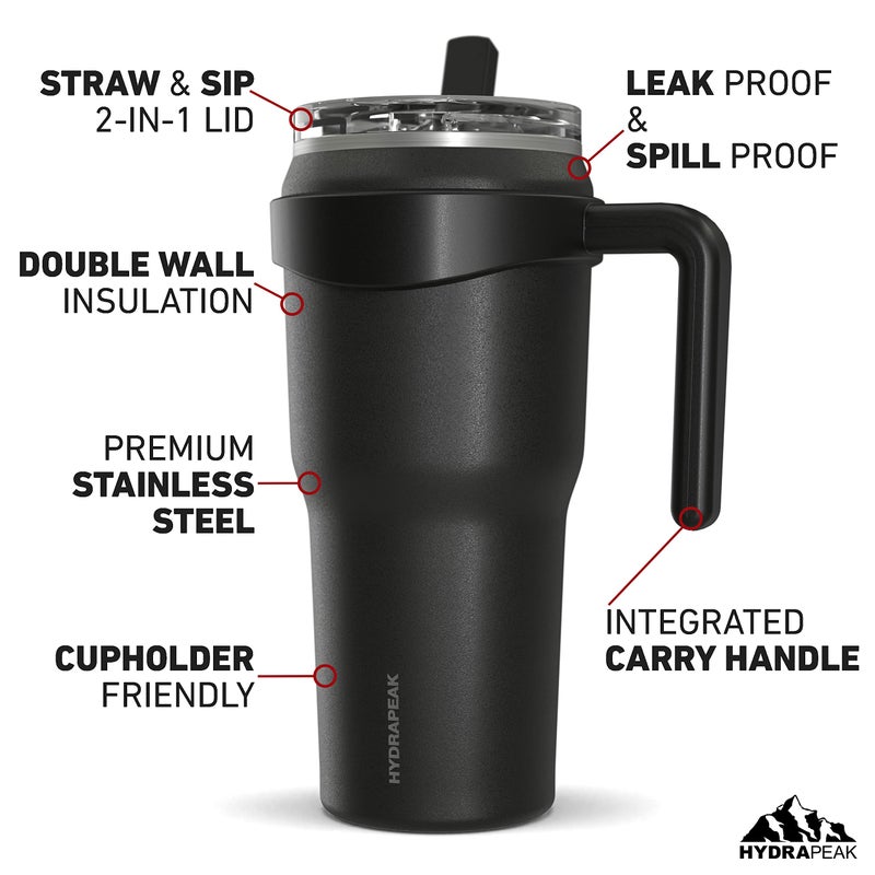 Hydrapeak Roadster 40oz Stainless Steel Tumbler Double Wall Vacuum Insulated Water Bottle With Handle And 2 in 1 Straw Lid (Black) - Image 2