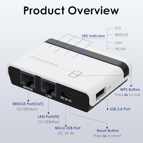 MICROWARE USB Wireless Print Server, WiFi Print Server with 10/100Mbps LAN/Bridge, 480Mbps USB2.0, Support Wired/Wireless/Standalone Modes, Compatible with Windows/Mac and All RAW-Supported Printers - Image 5