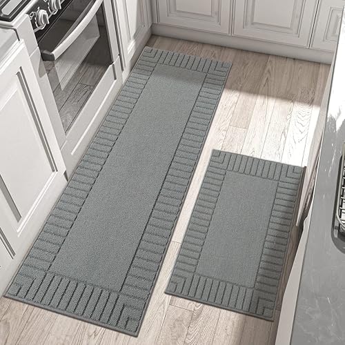 BEQHAUSE-Kitchen-Rugs-Washable-Kitchen-Mats-for-Floor Non-Slip Kitchen Mat Set of 2 Absorbent Kitchen Runner with TPR Non Skid Backing,Grey,24x35inch/24x60inch - Image 1