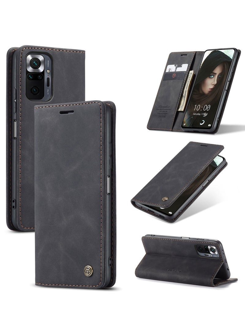 CaseMe Phone Case Luxury PU Leather Design 013 Flip Cover Card Slot Holder Cover For Redmi Note 10 Pro 4G (Black)  - Image 1