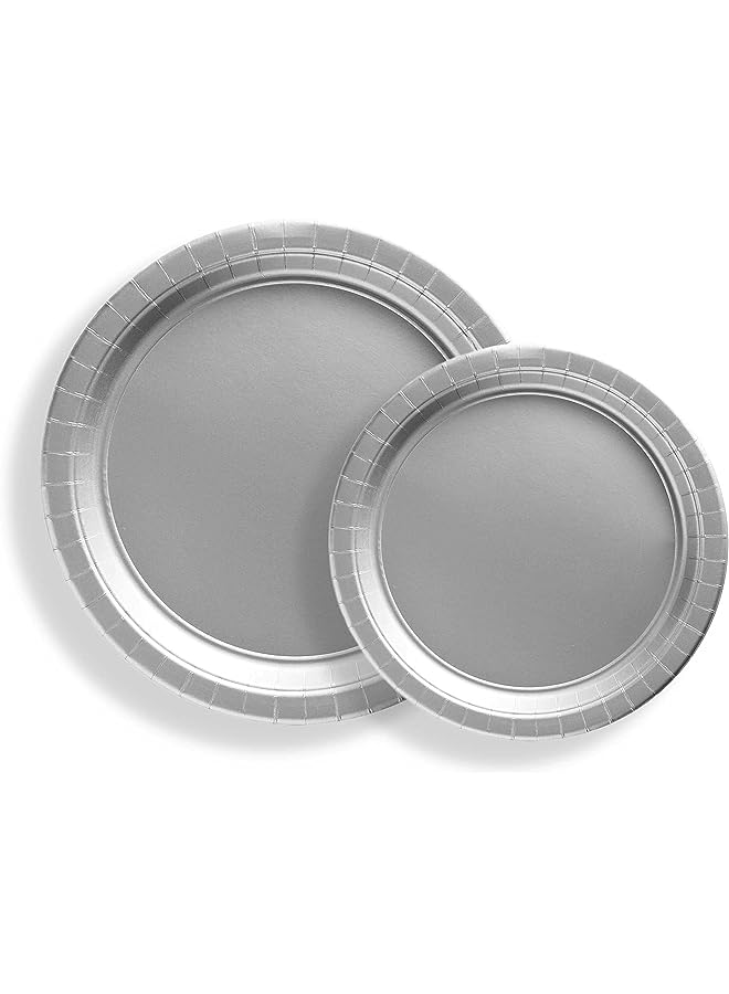 Raxoom TIME - 12 Pieces Party Supplies Tableware Set Includes 6 - 9" Paper Dinner Plates 6 - Dessert Plates 6 - 7" Plain Color Theme Disposable Dinnerware Birthday Parties (Silver) - Image 1