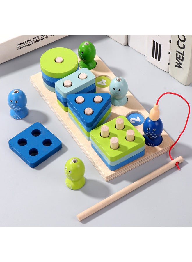 Baby Early Childhood Education Multi-functional Shape Matching Building Block Set Column Magnetic Fishing Pulling Radish Patch Insect Patch Parent-Child Wooden Toy-Color:MZM-Two-in-One Shape Fishing Set Post  - Image 3