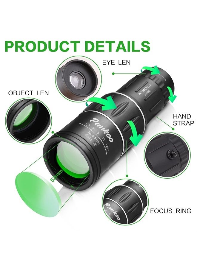Pankoo 16X52 Monocular Telescope High Powered for Adults, 2023 Power Prism Compact Monoculars for Adults Kids,HD Monocular Scope for Gifts, Outdoor Activity,Bird Watching,Hiking,Concert,Travelling - Image 2