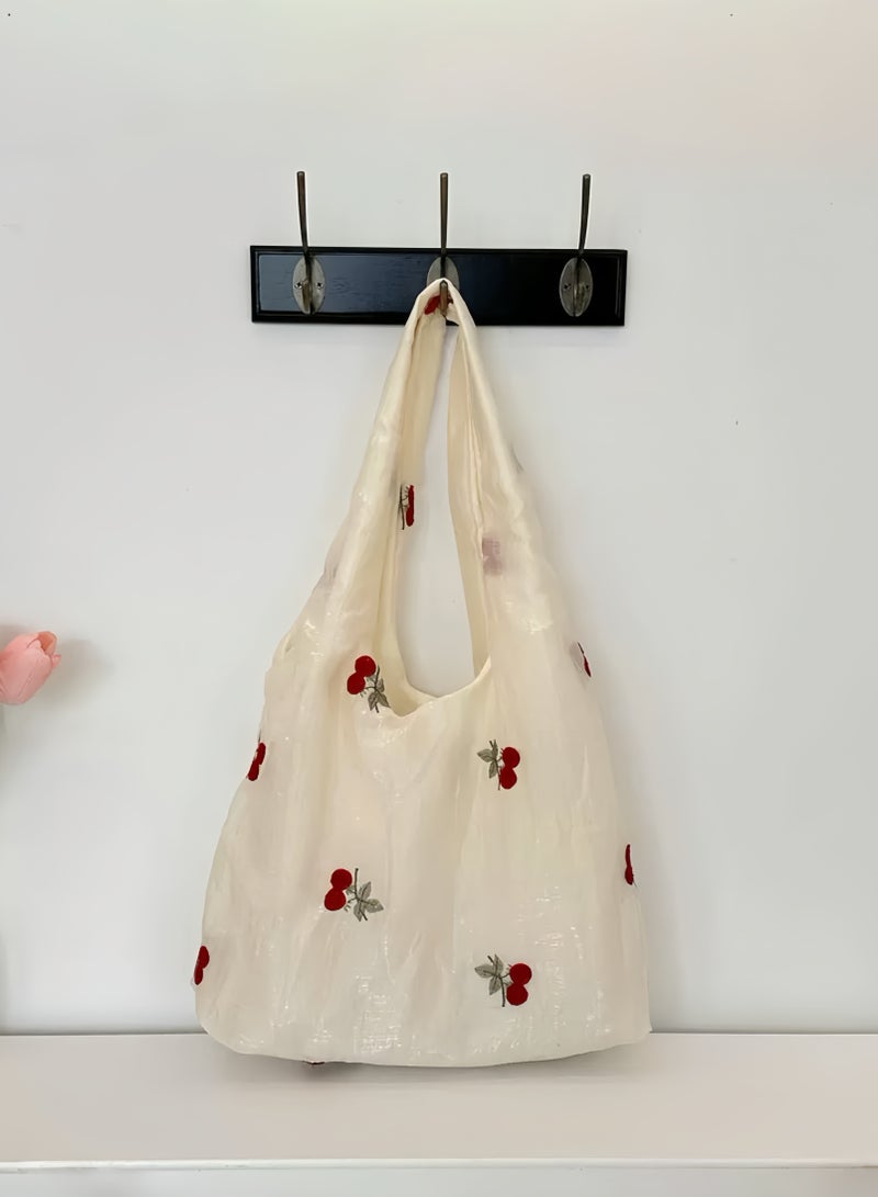 Paraphrase Cute Cherry Embroidered Sheer Shoulder Bag – Large Capacity High-Quality Tote for Commuting & Casual Outings  - Image 1