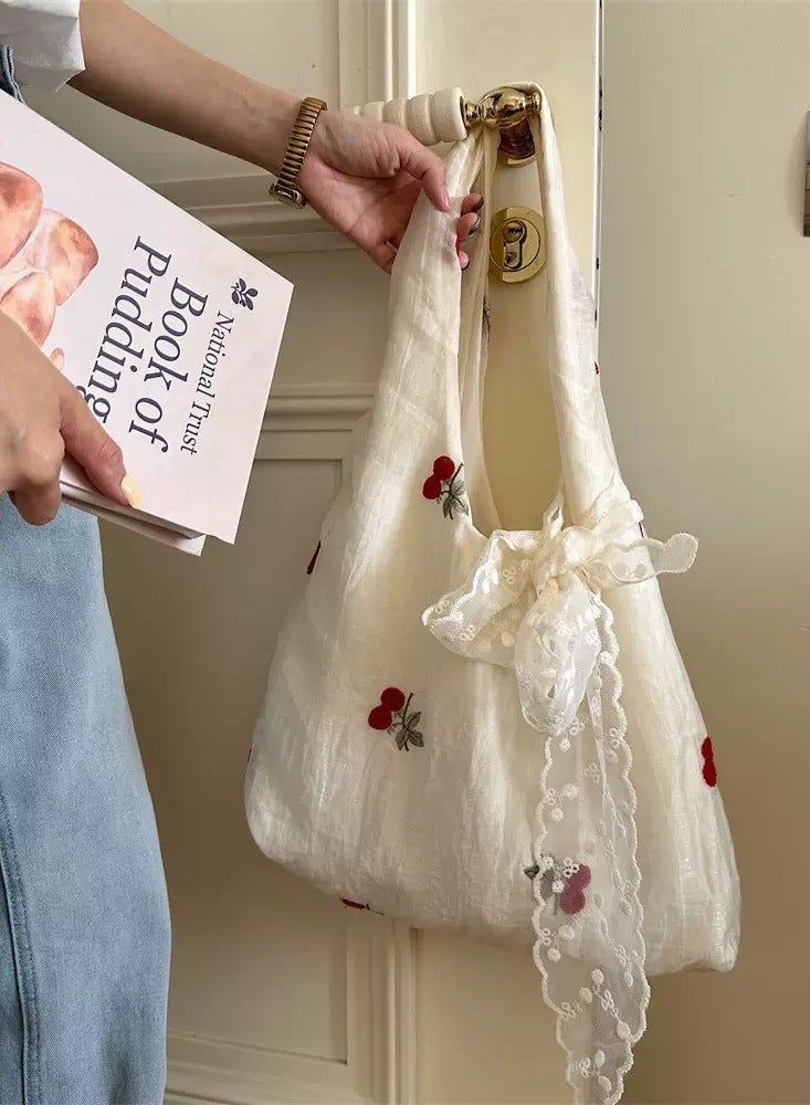 Paraphrase Cute Cherry Embroidered Sheer Shoulder Bag – Large Capacity High-Quality Tote for Commuting & Casual Outings  - Image 4