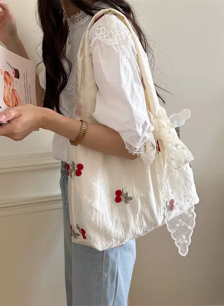 Paraphrase Cute Cherry Embroidered Sheer Shoulder Bag – Large Capacity High-Quality Tote for Commuting & Casual Outings - Image 1