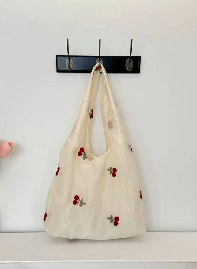 Paraphrase Cute Cherry Embroidered Sheer Shoulder Bag – Large Capacity High-Quality Tote for Commuting & Casual Outings - Image 2