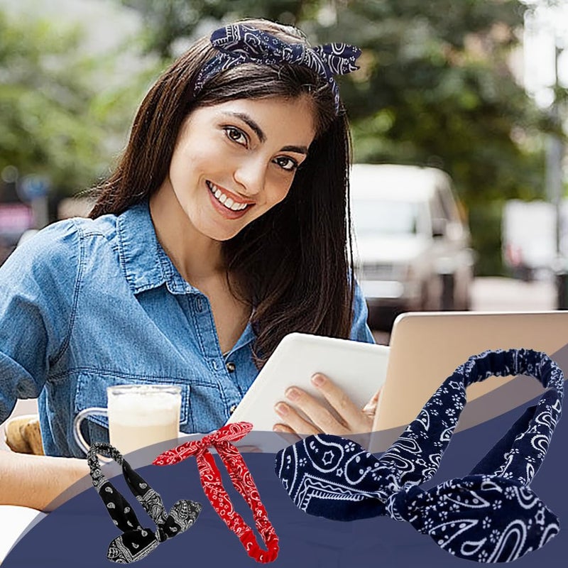TRKETK 6 Pieces Bandana Headbands for Women and Girls, Stretchy Hair Accessories Retro Print Boho Bow Headband Rabbit Ear Elastic Flower Print for Girls and Women - Image 3