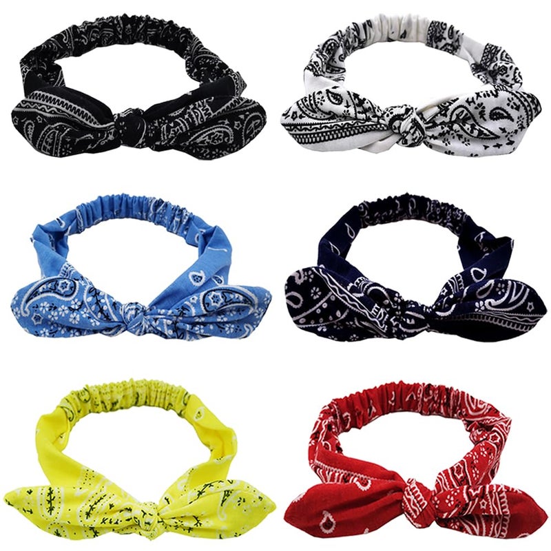 TRKETK 6 Pieces Bandana Headbands for Women and Girls, Stretchy Hair Accessories Retro Print Boho Bow Headband Rabbit Ear Elastic Flower Print for Girls and Women - Image 1