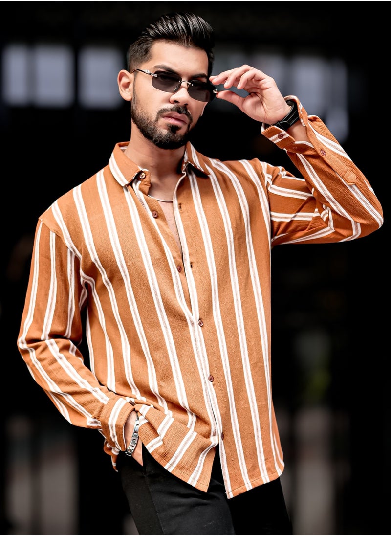 Maniac Maniac Mens Vertical Stripes Full Sleeve Terry Fabric Rust Slim Fit Shirt  - Image 1