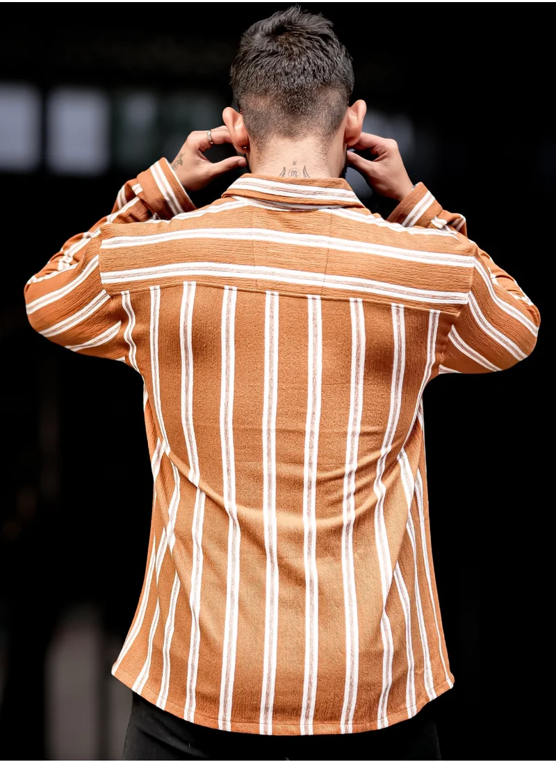 Maniac Maniac Mens Vertical Stripes Full Sleeve Terry Fabric Rust Slim Fit Shirt