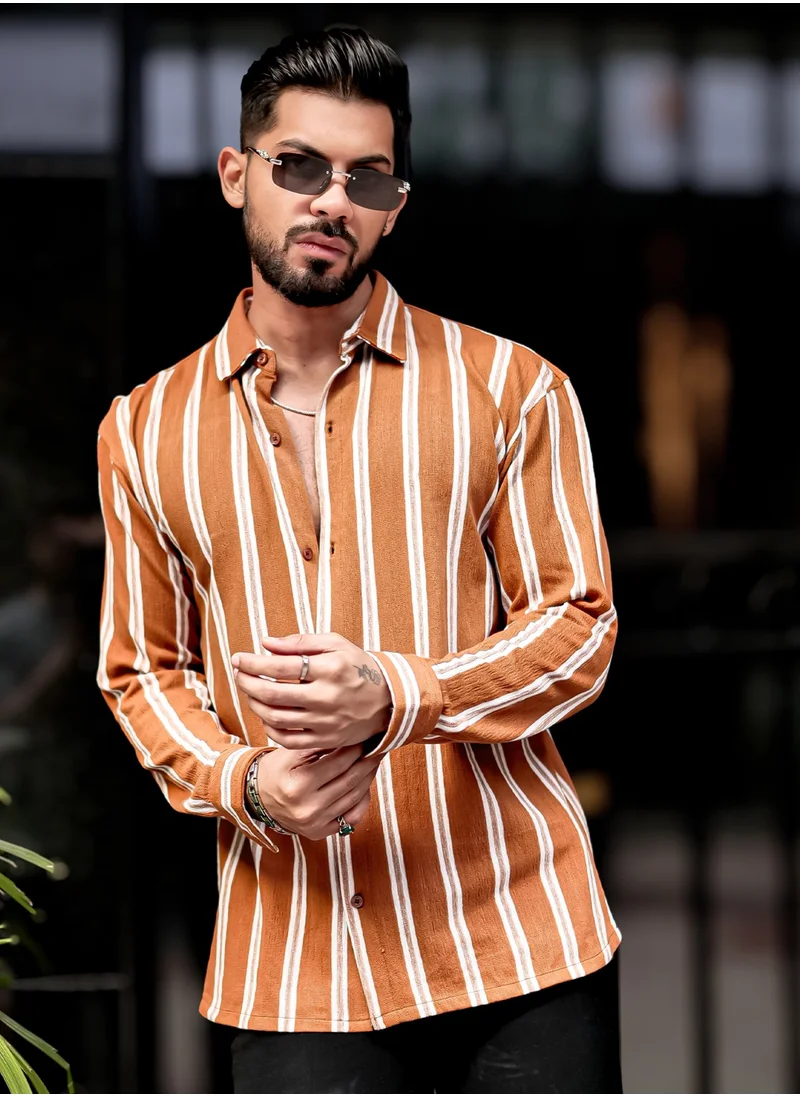 Maniac Maniac Mens Vertical Stripes Full Sleeve Terry Fabric Rust Slim Fit Shirt