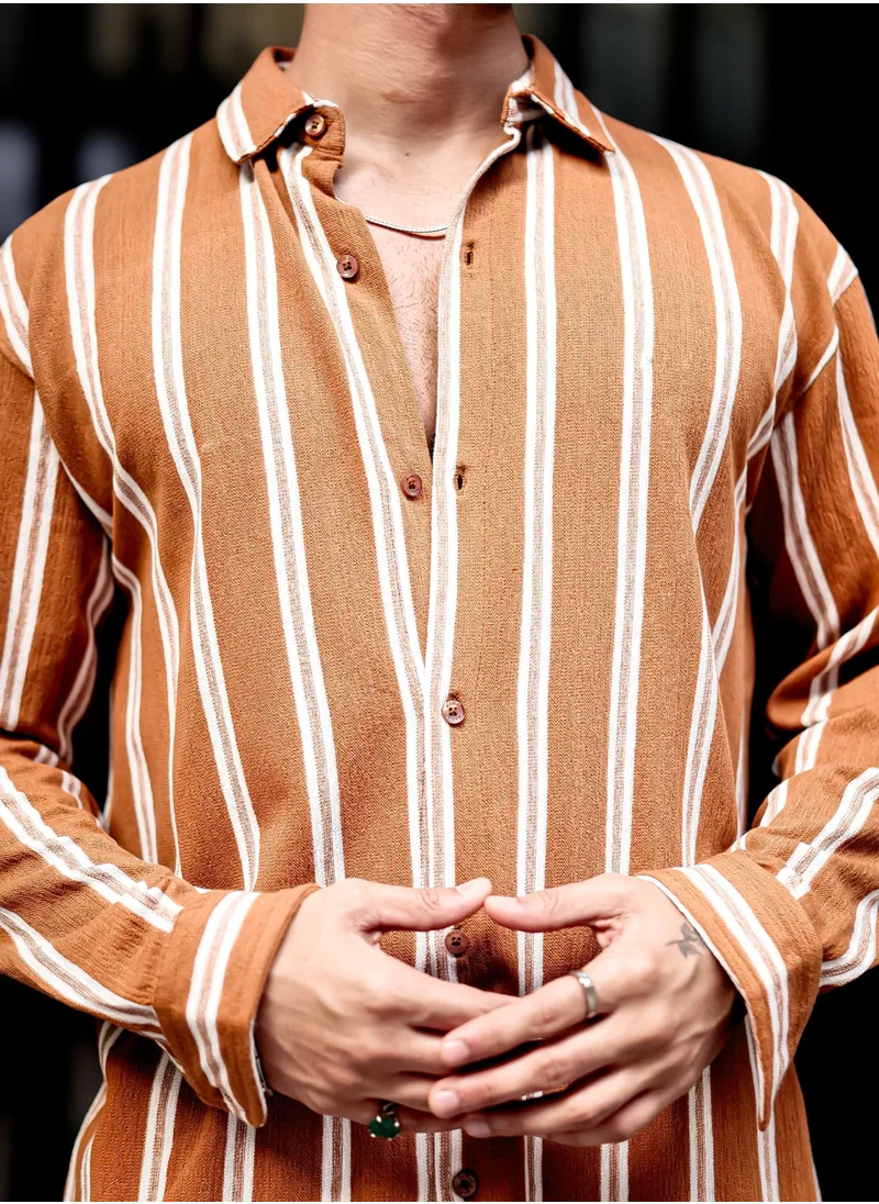 Maniac Maniac Mens Vertical Stripes Full Sleeve Terry Fabric Rust Slim Fit Shirt