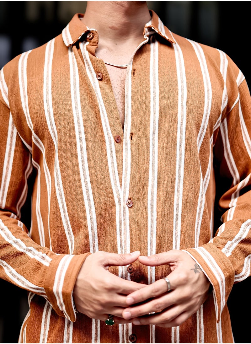 Maniac Maniac Mens Vertical Stripes Full Sleeve Terry Fabric Rust Slim Fit Shirt  - Image 5
